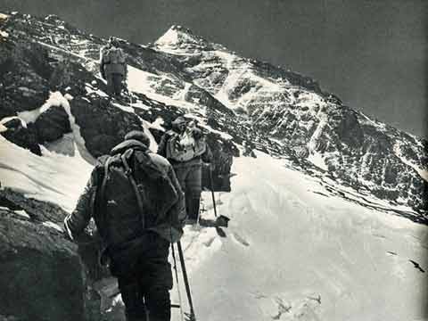 
Proceeding cautiously on a snow-covered rocky slope at 8000m on Everest North Face First Ascent 1960 - Mountaineering In China book
